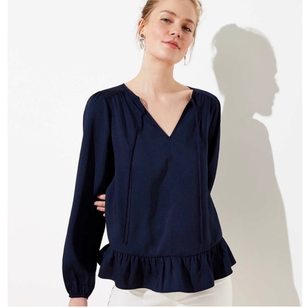 Loft Split Neck Navy Ruffle Blouse - image 1